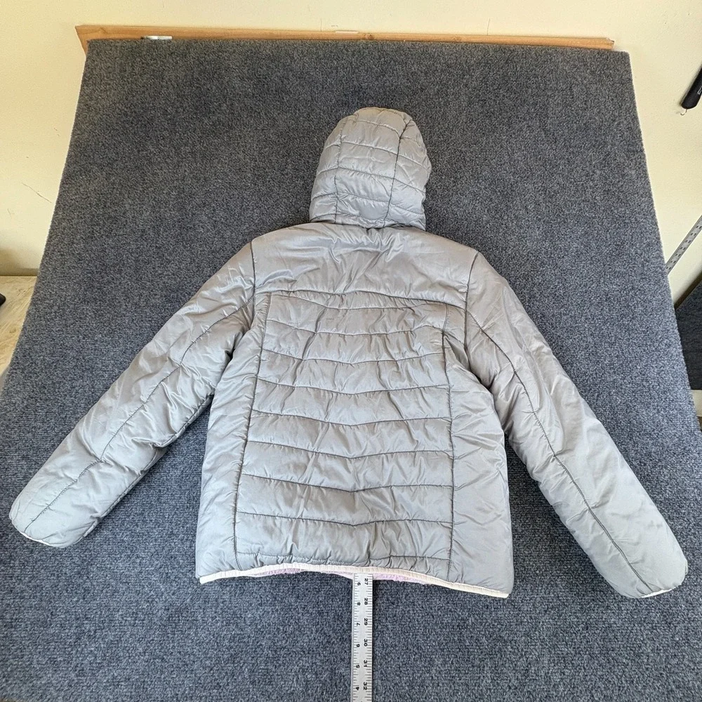 Eddie Bauer Reversible Puffer Jacket Girls L Gray Pink Faux Fur Hooded Full Zip